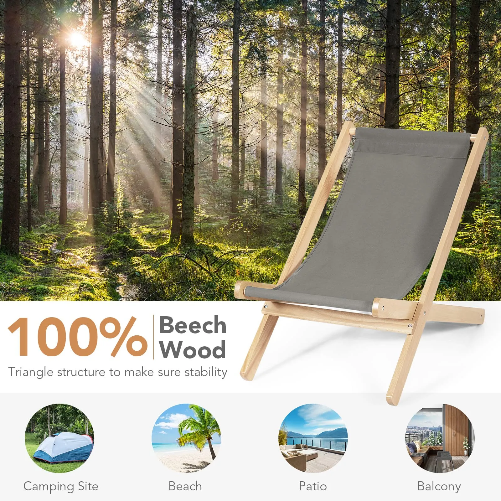 Tangkula Folding Sling Chair, Outdoor Wood Portable Beach Chair